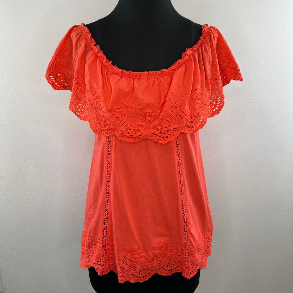 Soft Surrounding Orange Ruffle Off-the-Shoulder Lace Scalloped Cotton Blouse S